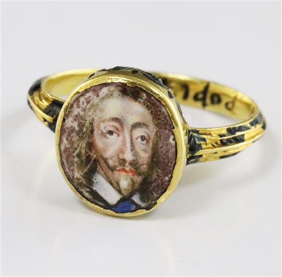 A rare mid 17th century enamelled gold oval memorial ring for Charles I (1600-1649), finger size K.